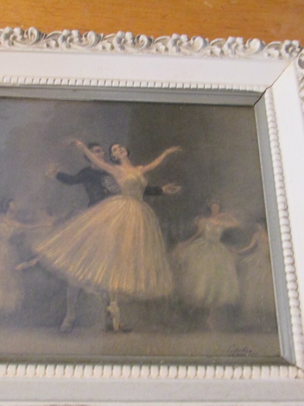 2 Vtg framed Under Glass Ballerina couple signed Sophie white gold wood frames - Picture 3 of 15